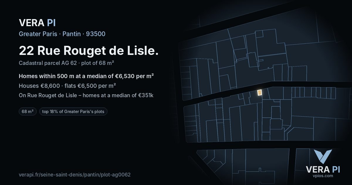 22 Rue Rouget de Lisle, Pantin at night – the plot lit, the parcels around coloured by the prices near them