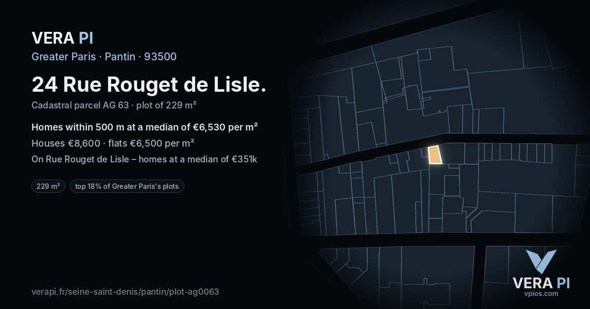 24 Rue Rouget de Lisle, Pantin at night – the plot lit, the parcels around coloured by the prices near them