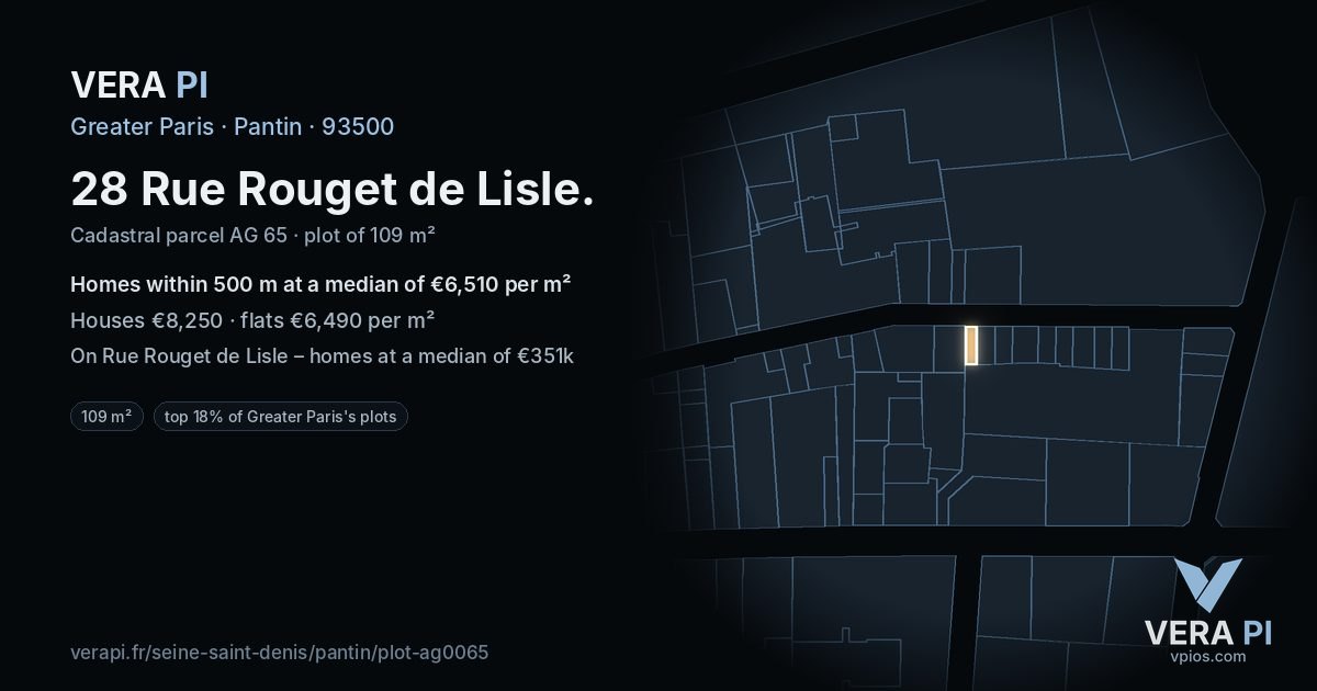 28 Rue Rouget de Lisle, Pantin at night – the plot lit, the parcels around coloured by the prices near them