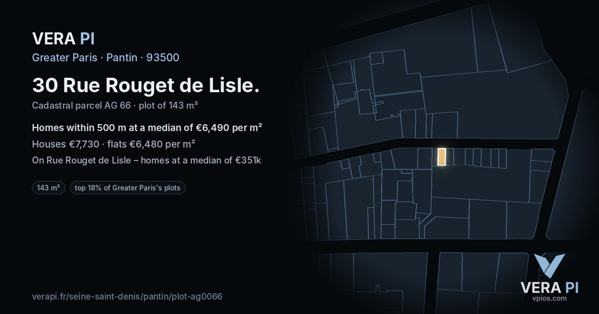 30 Rue Rouget de Lisle, Pantin at night – the plot lit, the parcels around coloured by the prices near them