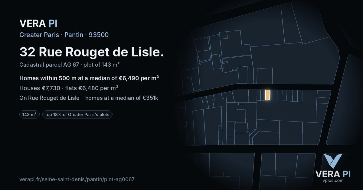 32 Rue Rouget de Lisle, Pantin at night – the plot lit, the parcels around coloured by the prices near them