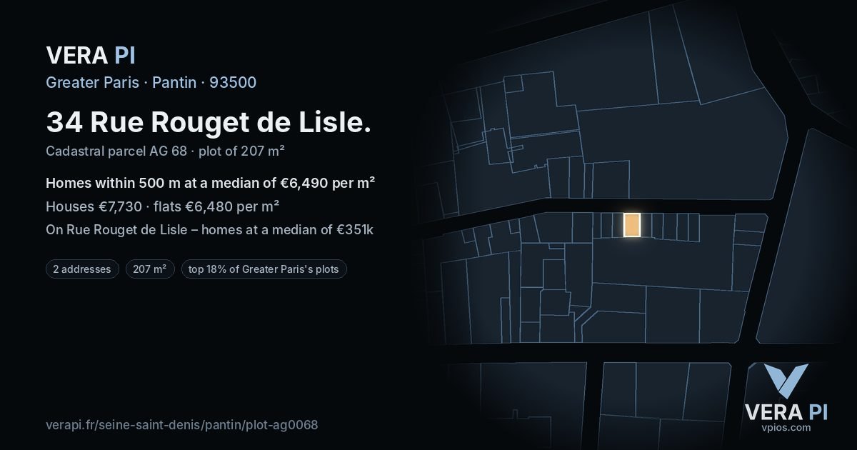 34 Rue Rouget de Lisle, Pantin at night – the plot lit, the parcels around coloured by the prices near them