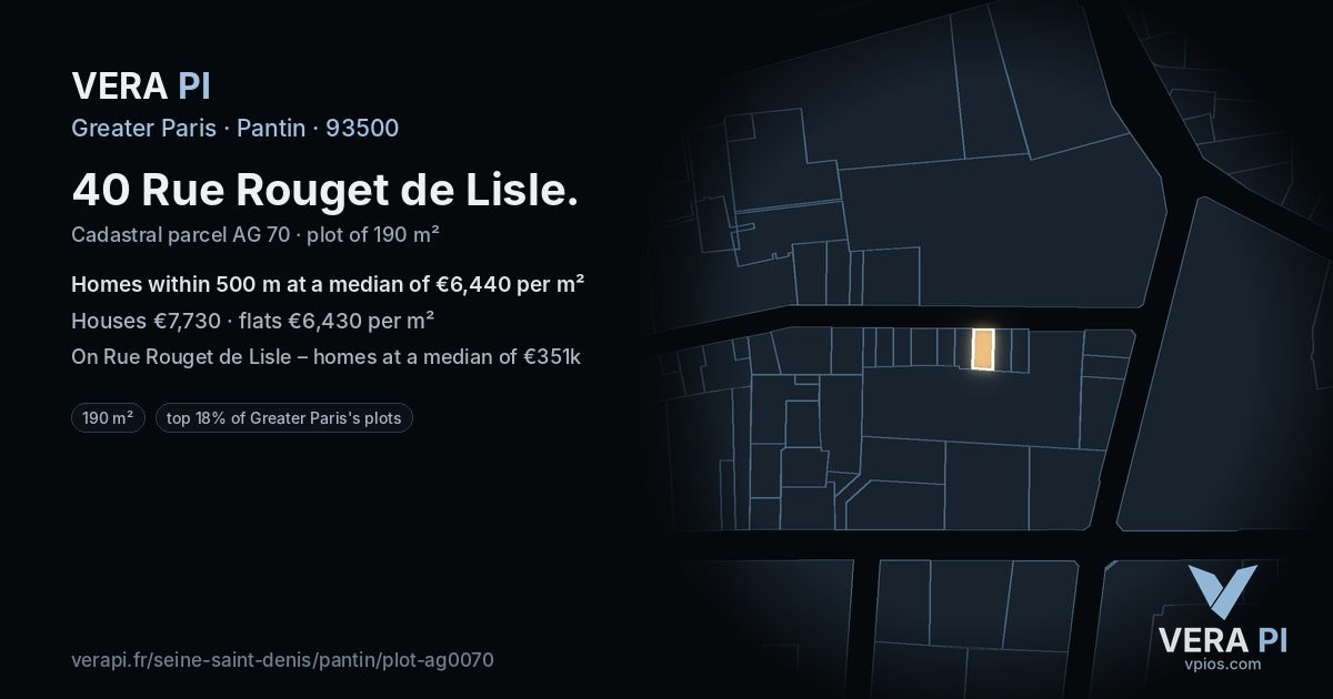 40 Rue Rouget de Lisle, Pantin at night – the plot lit, the parcels around coloured by the prices near them