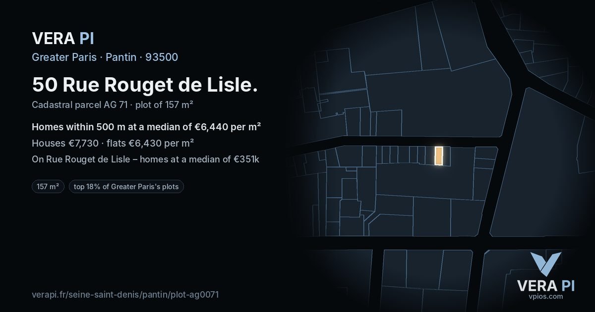 50 Rue Rouget de Lisle, Pantin at night – the plot lit, the parcels around coloured by the prices near them