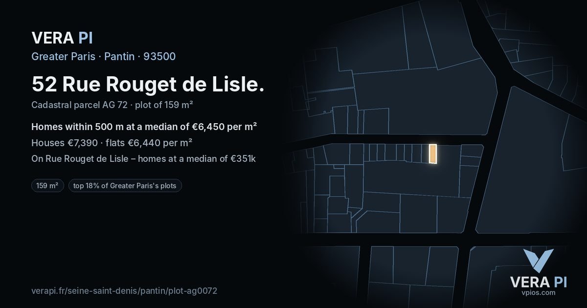 52 Rue Rouget de Lisle, Pantin at night – the plot lit, the parcels around coloured by the prices near them