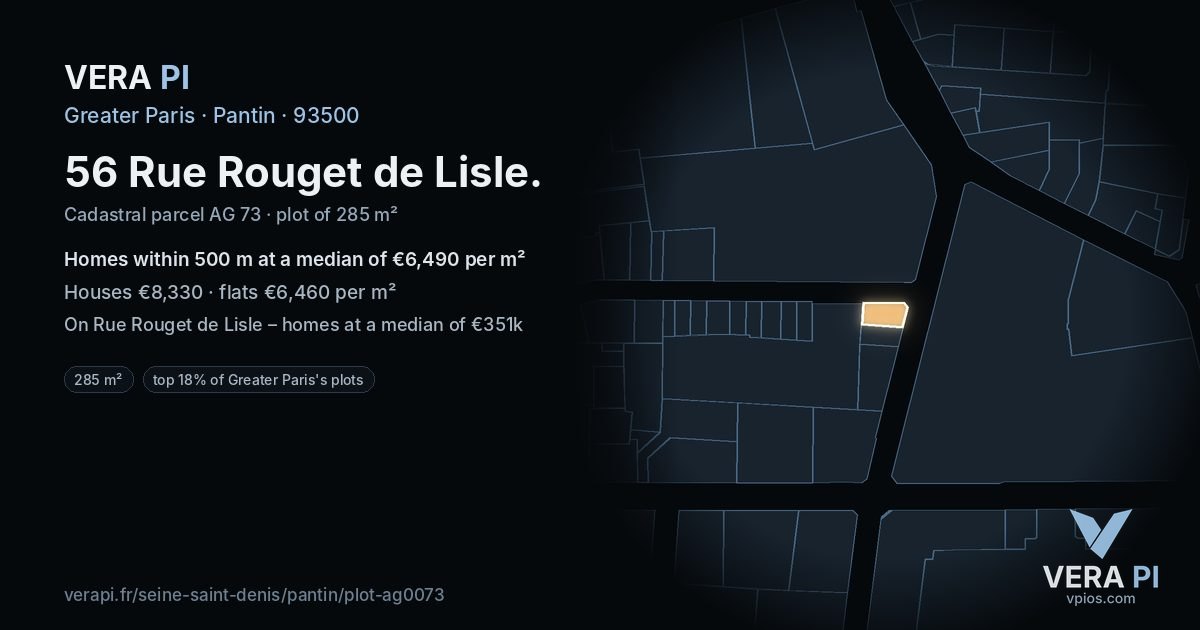 56 Rue Rouget de Lisle, Pantin at night – the plot lit, the parcels around coloured by the prices near them