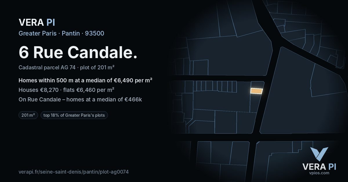6 Rue Candale, Pantin at night – the plot lit, the parcels around coloured by the prices near them
