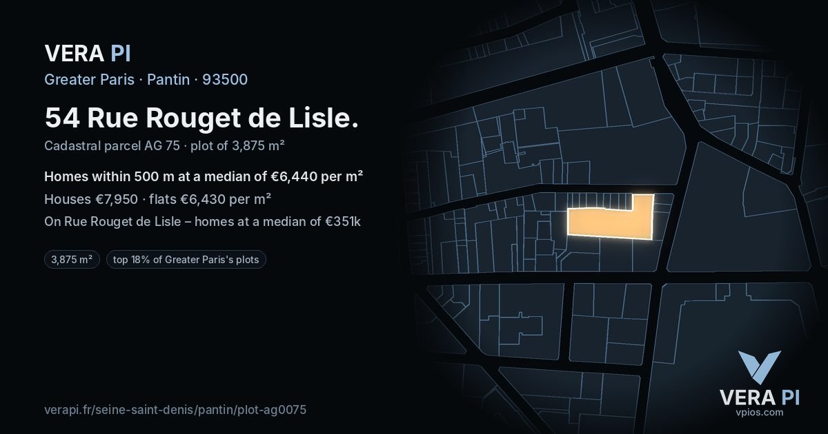 54 Rue Rouget de Lisle, Pantin at night – the plot lit, the parcels around coloured by the prices near them