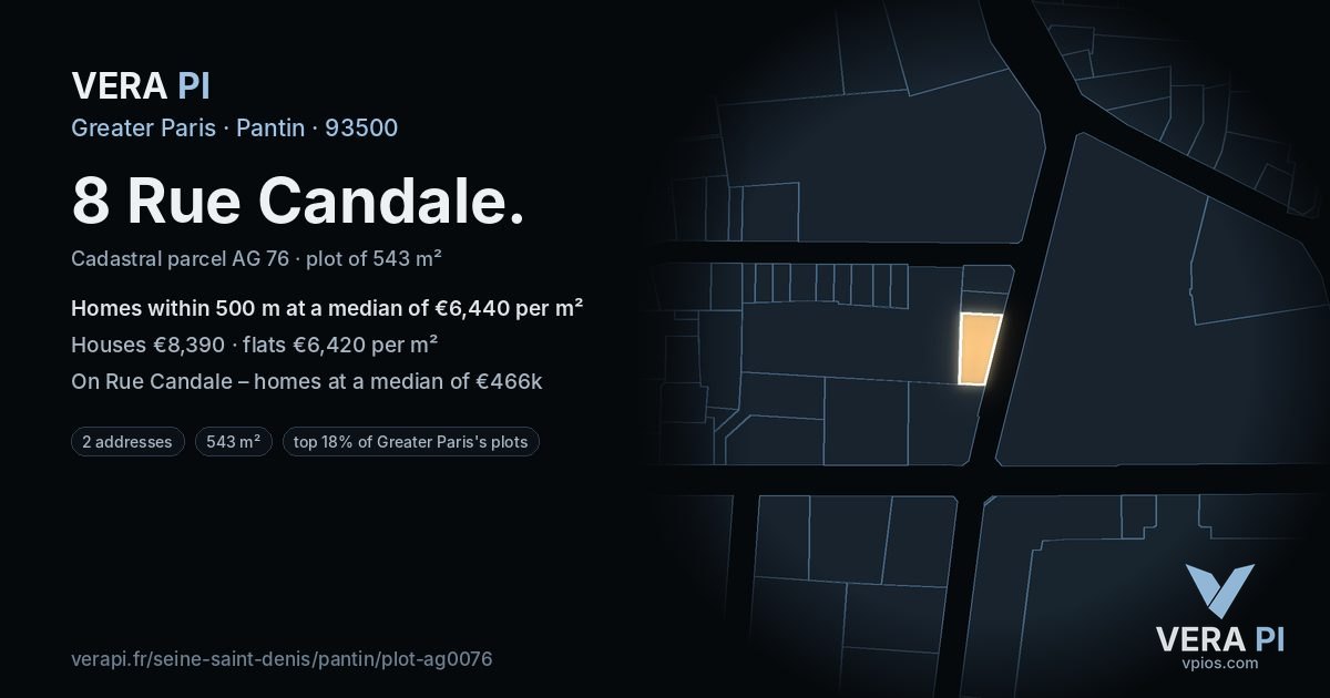 8 Rue Candale, Pantin at night – the plot lit, the parcels around coloured by the prices near them