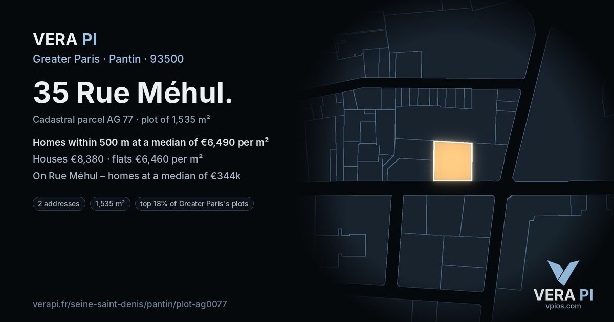 35 Rue Méhul, Pantin at night – the plot lit, the parcels around coloured by the prices near them