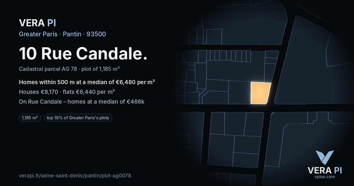 10 Rue Candale, Pantin at night – the plot lit, the parcels around coloured by the prices near them