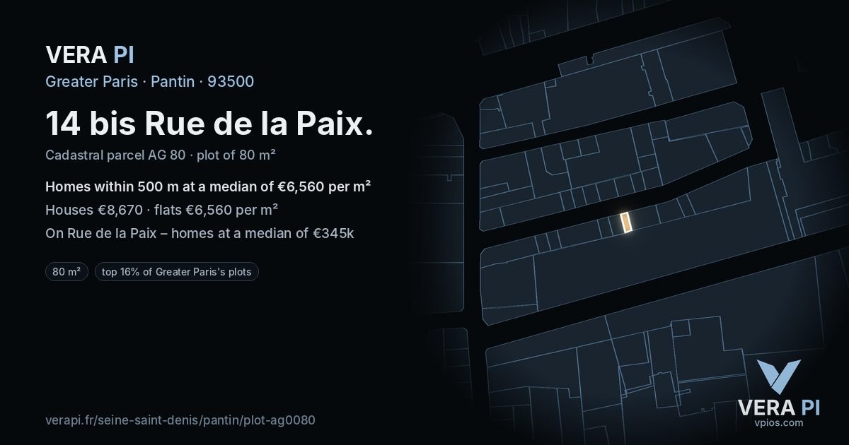 14 bis Rue de la Paix, Pantin at night – the plot lit, the parcels around coloured by the prices near them