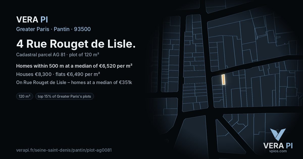 4 Rue Rouget de Lisle, Pantin at night – the plot lit, the parcels around coloured by the prices near them