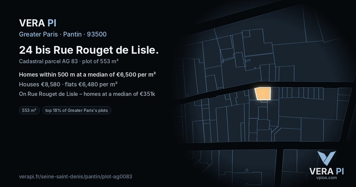 24 bis Rue Rouget de Lisle, Pantin at night – the plot lit, the parcels around coloured by the prices near them