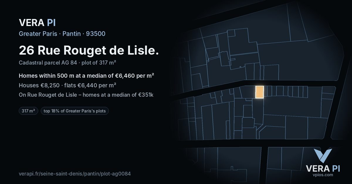 26 Rue Rouget de Lisle, Pantin at night – the plot lit, the parcels around coloured by the prices near them