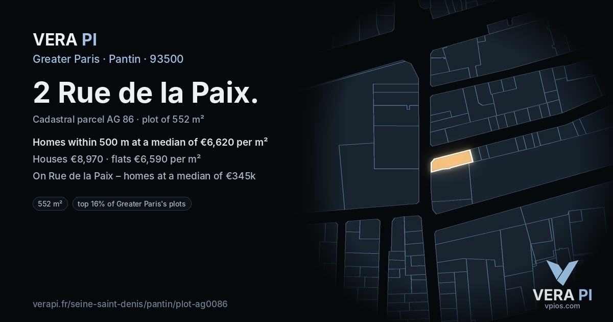 2 Rue de la Paix, Pantin at night – the plot lit, the parcels around coloured by the prices near them
