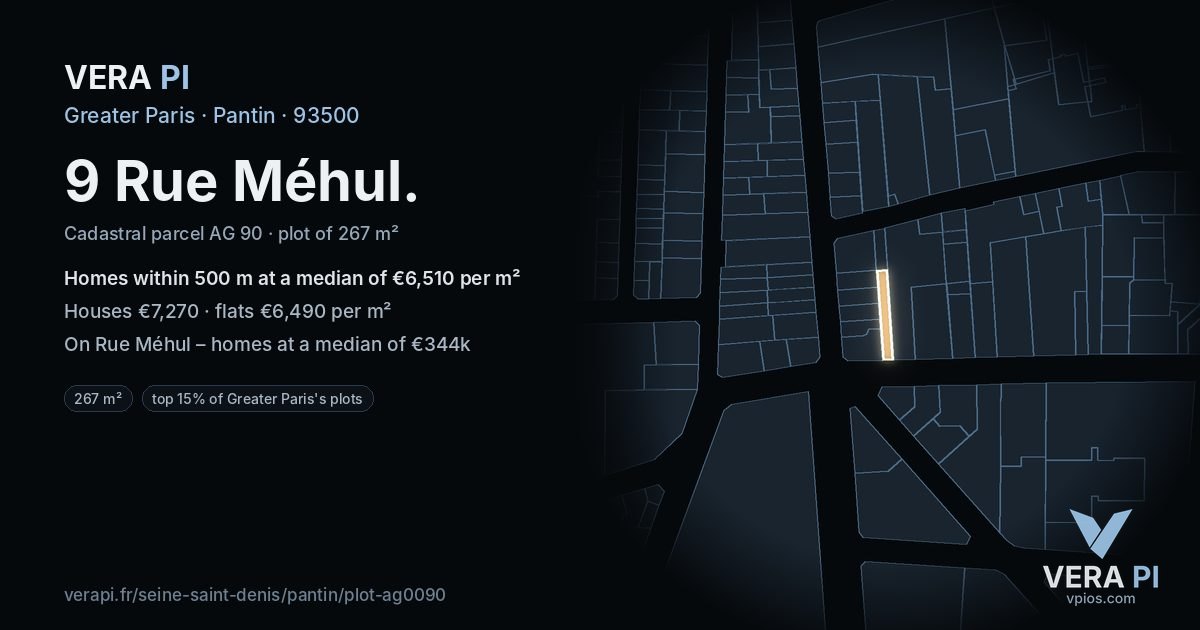 9 Rue Méhul, Pantin at night – the plot lit, the parcels around coloured by the prices near them