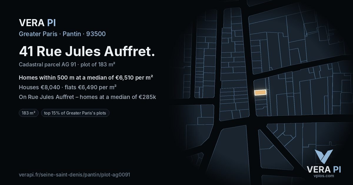 41 Rue Jules Auffret, Pantin at night – the plot lit, the parcels around coloured by the prices near them