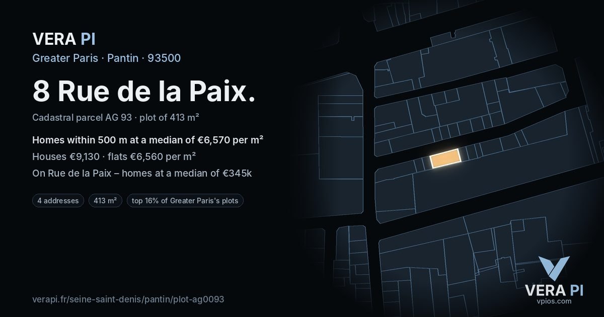 8 Rue de la Paix, Pantin at night – the plot lit, the parcels around coloured by the prices near them
