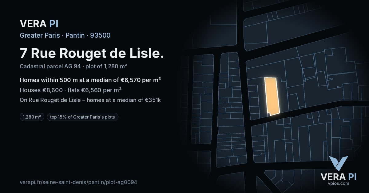 7 Rue Rouget de Lisle, Pantin at night – the plot lit, the parcels around coloured by the prices near them