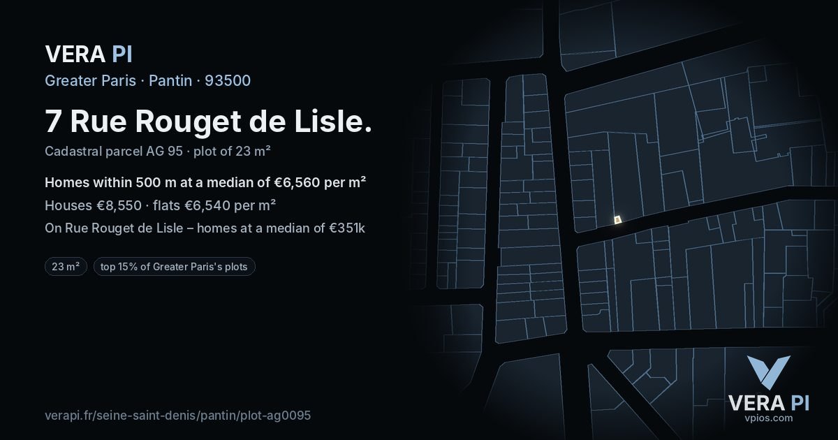 7 Rue Rouget de Lisle, Pantin at night – the plot lit, the parcels around coloured by the prices near them