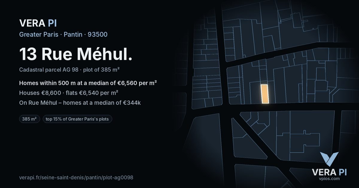 13 Rue Méhul, Pantin at night – the plot lit, the parcels around coloured by the prices near them