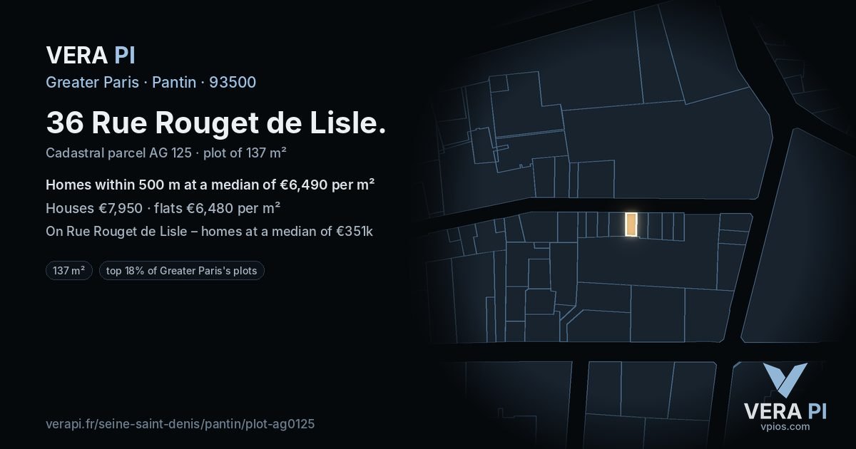 36 Rue Rouget de Lisle, Pantin at night – the plot lit, the parcels around coloured by the prices near them