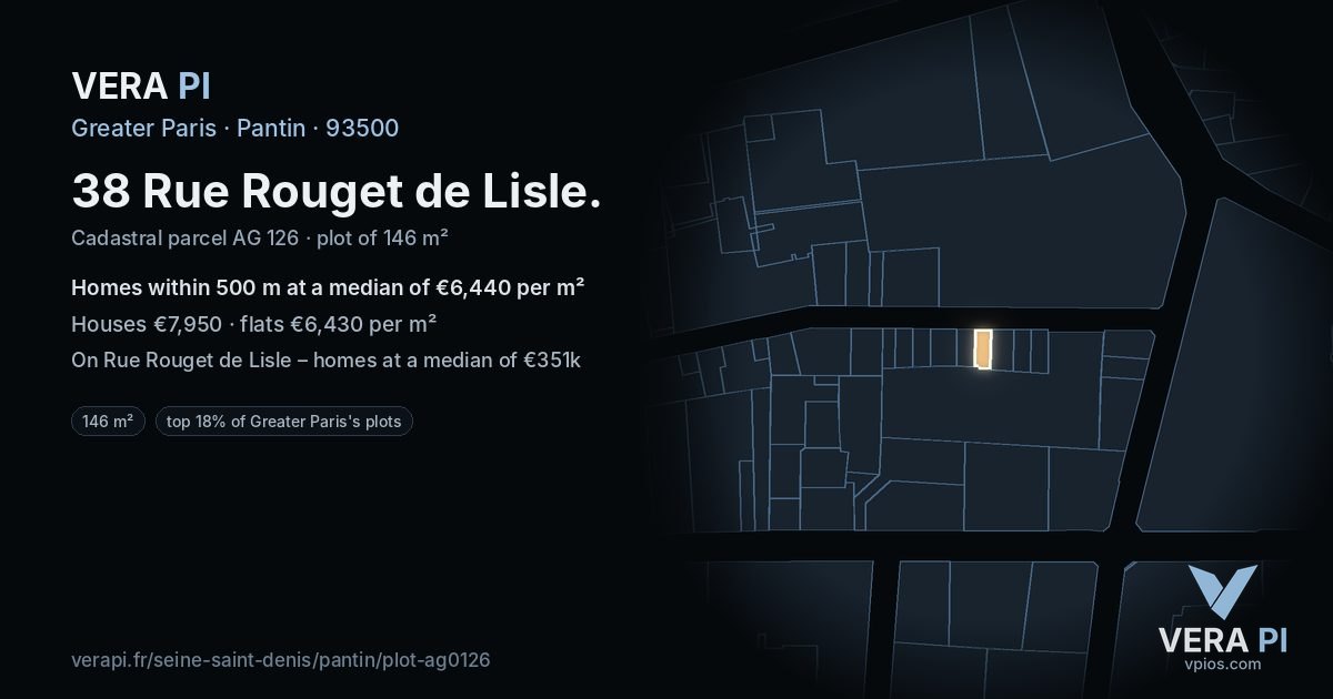 38 Rue Rouget de Lisle, Pantin at night – the plot lit, the parcels around coloured by the prices near them