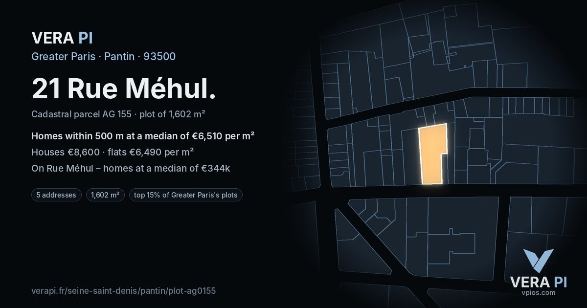 21 Rue Méhul, Pantin at night – the plot lit, the parcels around coloured by the prices near them