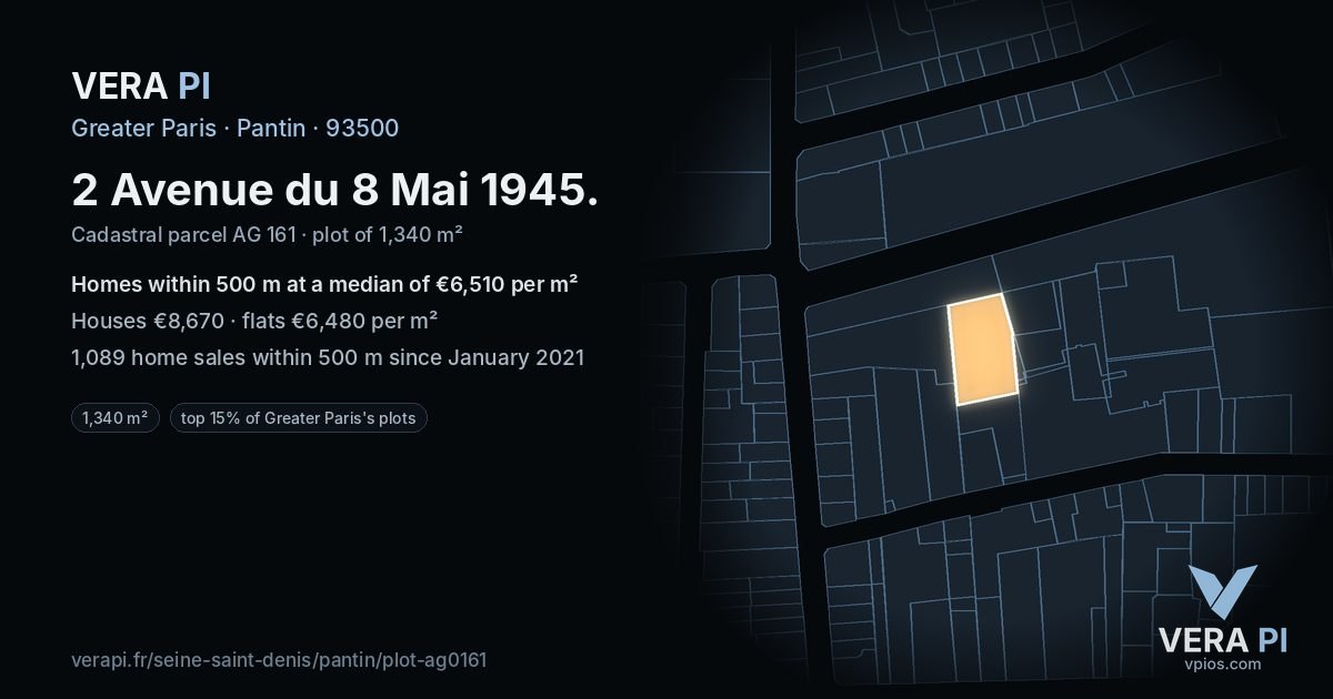 2 Avenue du 8 Mai 1945, Pantin at night – the plot lit, the parcels around coloured by the prices near them