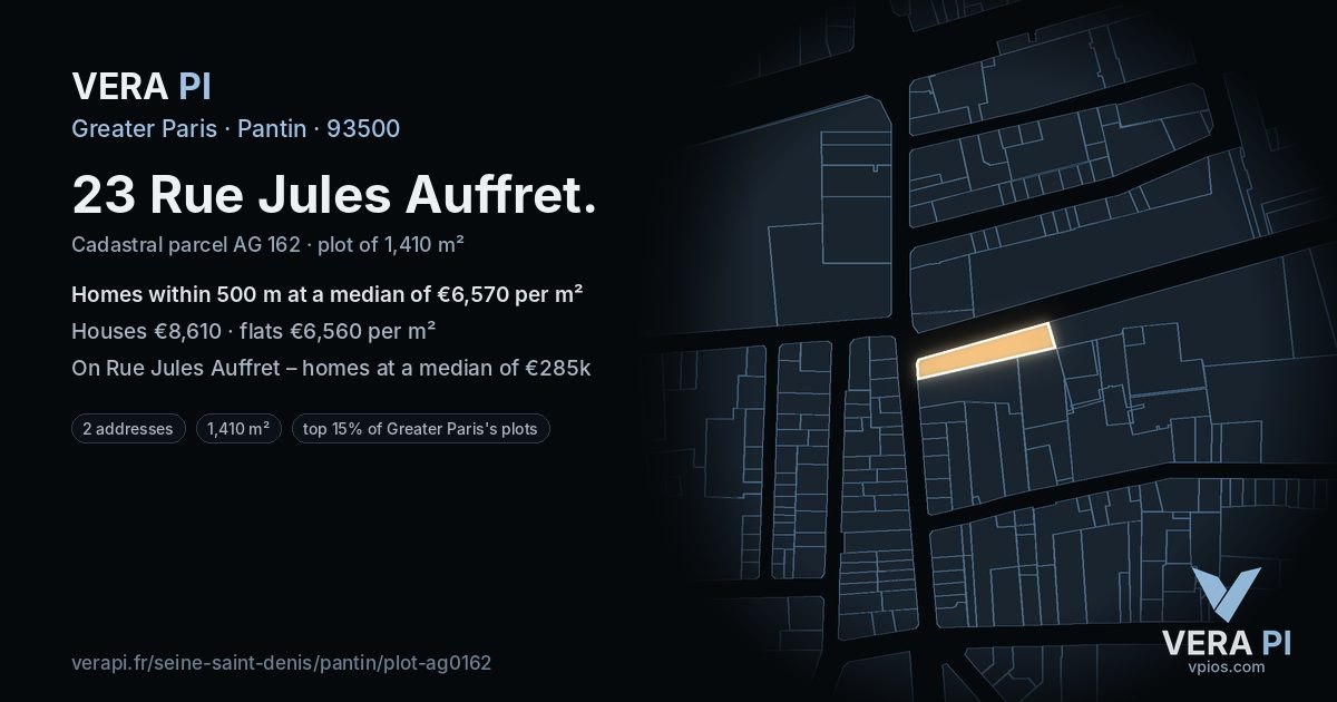 23 Rue Jules Auffret, Pantin at night – the plot lit, the parcels around coloured by the prices near them