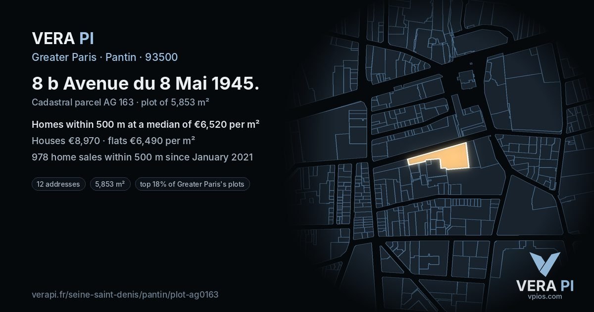 8 b Avenue du 8 Mai 1945, Pantin at night – the plot lit, the parcels around coloured by the prices near them