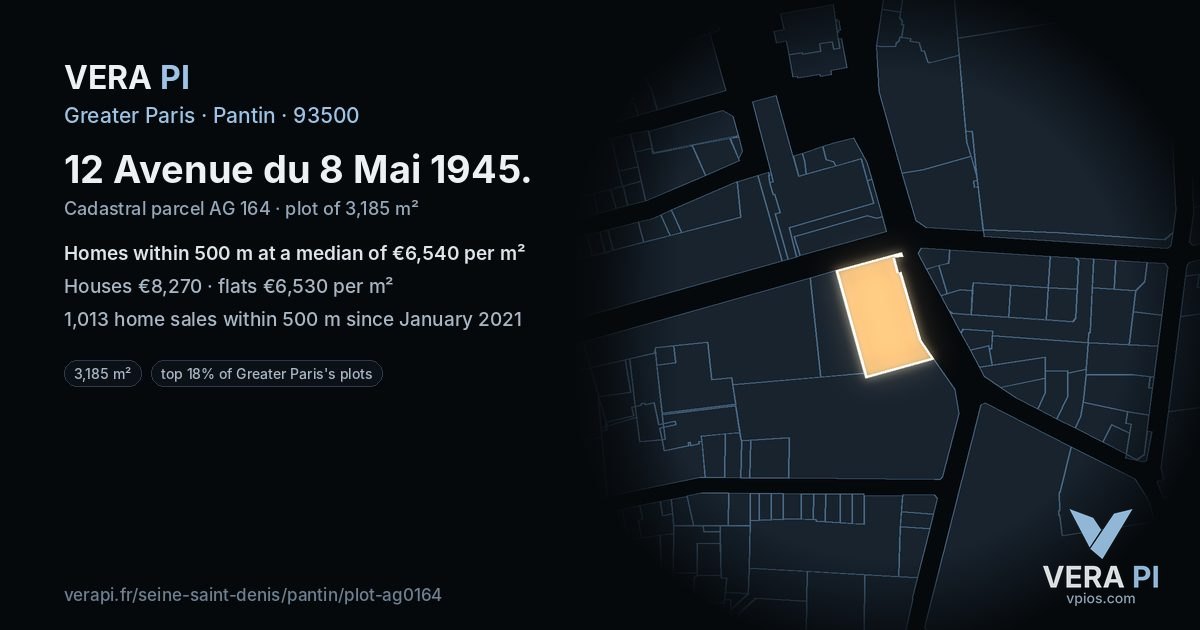 12 Avenue du 8 Mai 1945, Pantin at night – the plot lit, the parcels around coloured by the prices near them