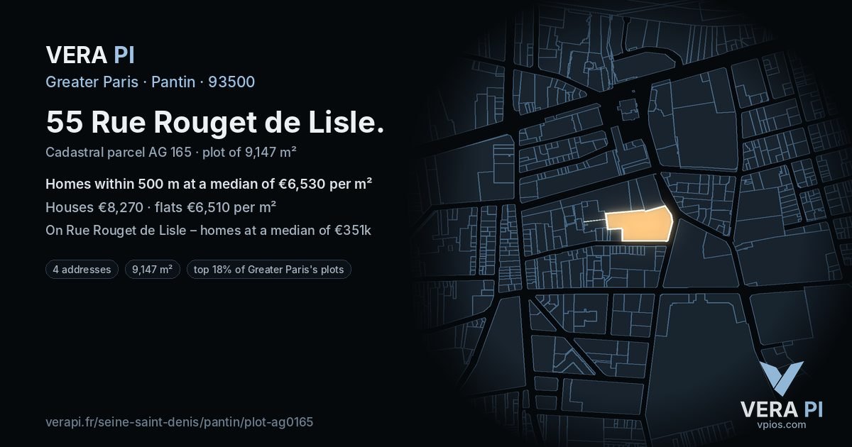 55 Rue Rouget de Lisle, Pantin at night – the plot lit, the parcels around coloured by the prices near them