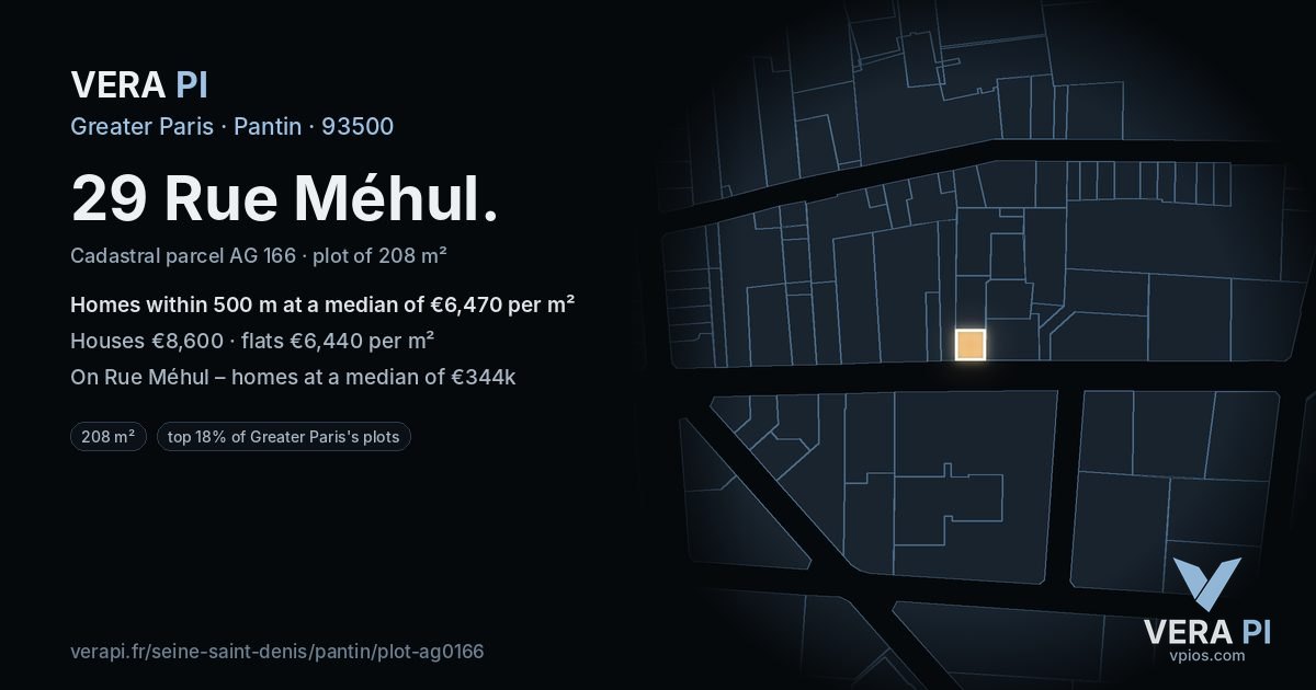 29 Rue Méhul, Pantin at night – the plot lit, the parcels around coloured by the prices near them