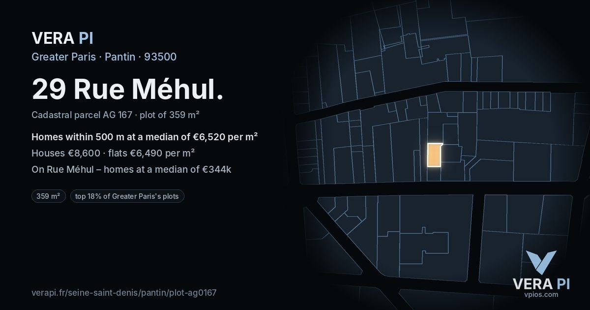 29 Rue Méhul, Pantin at night – the plot lit, the parcels around coloured by the prices near them