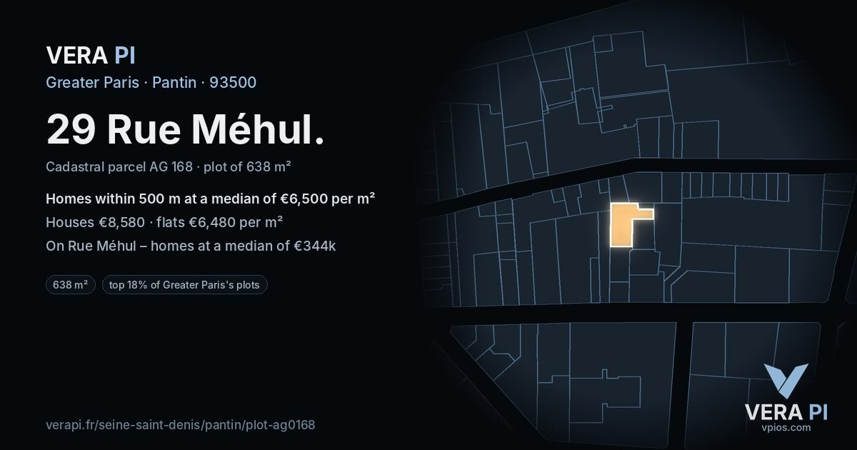 29 Rue Méhul, Pantin at night – the plot lit, the parcels around coloured by the prices near them