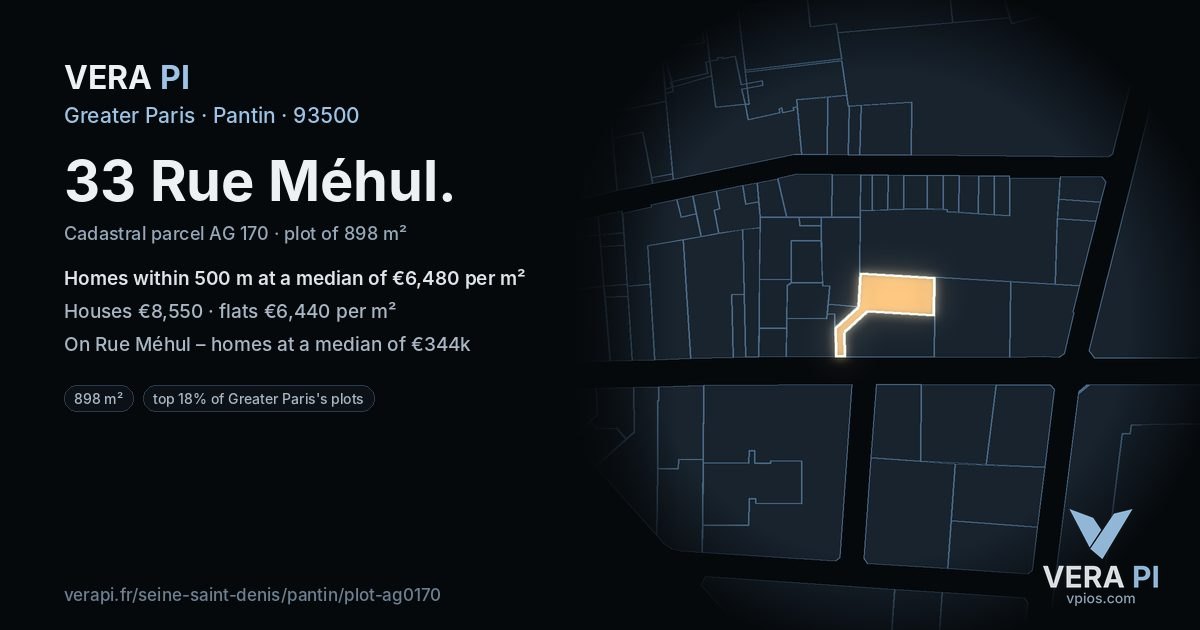 33 Rue Méhul, Pantin at night – the plot lit, the parcels around coloured by the prices near them