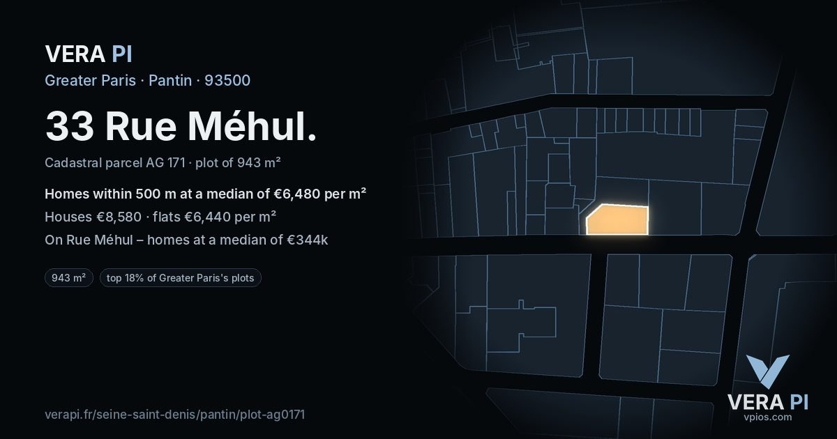 33 Rue Méhul, Pantin at night – the plot lit, the parcels around coloured by the prices near them