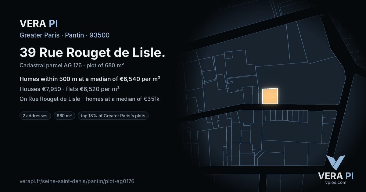 39 Rue Rouget de Lisle, Pantin at night – the plot lit, the parcels around coloured by the prices near them