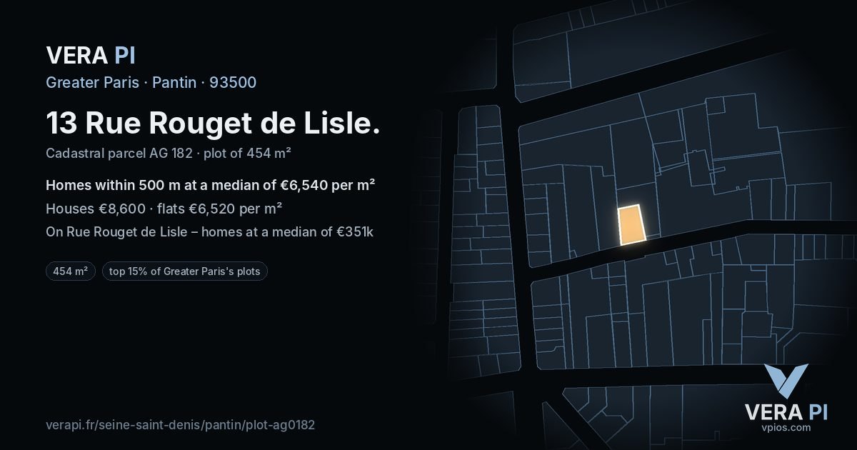 13 Rue Rouget de Lisle, Pantin at night – the plot lit, the parcels around coloured by the prices near them