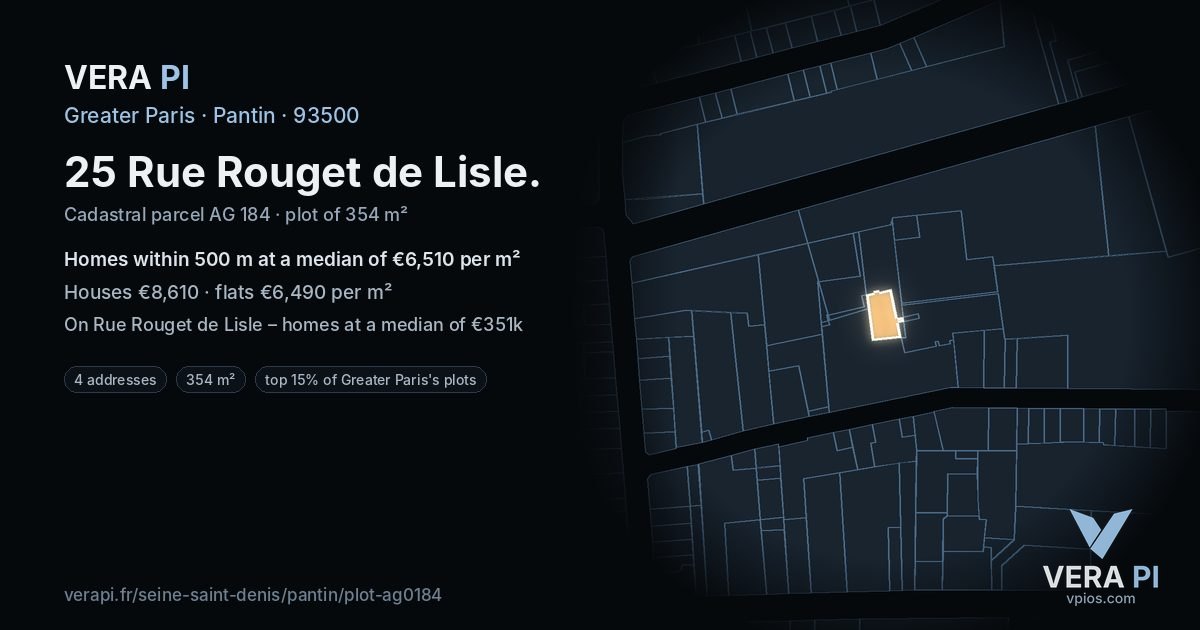 25 Rue Rouget de Lisle, Pantin at night – the plot lit, the parcels around coloured by the prices near them