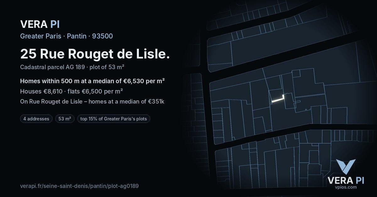 25 Rue Rouget de Lisle, Pantin at night – the plot lit, the parcels around coloured by the prices near them