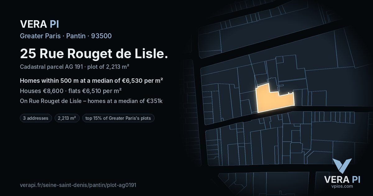25 Rue Rouget de Lisle, Pantin at night – the plot lit, the parcels around coloured by the prices near them