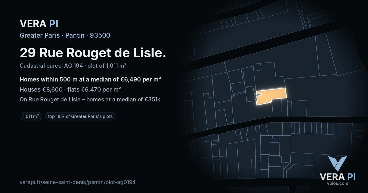 29 Rue Rouget de Lisle, Pantin at night – the plot lit, the parcels around coloured by the prices near them