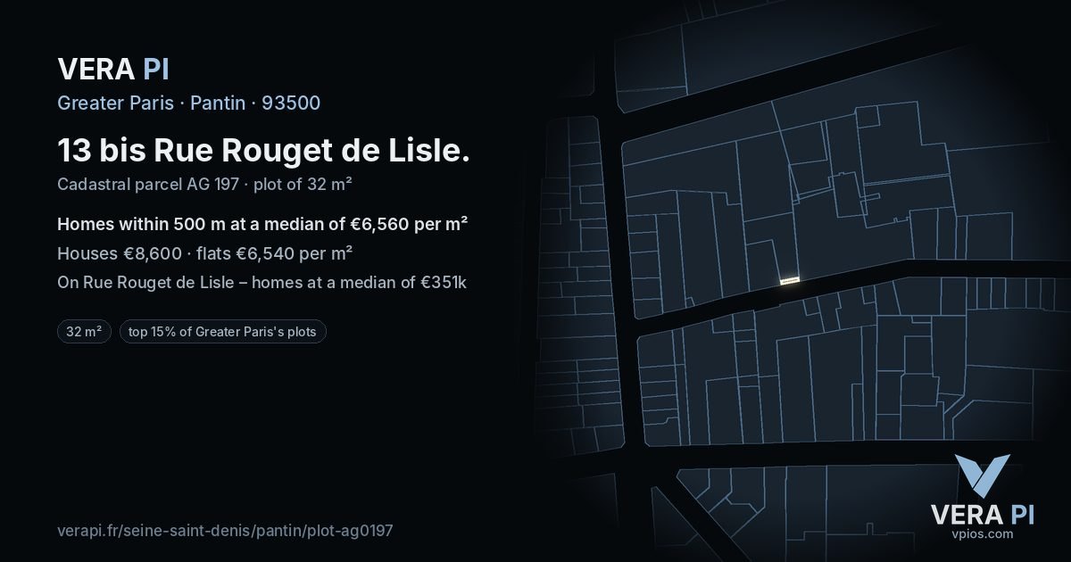 13 bis Rue Rouget de Lisle, Pantin at night – the plot lit, the parcels around coloured by the prices near them