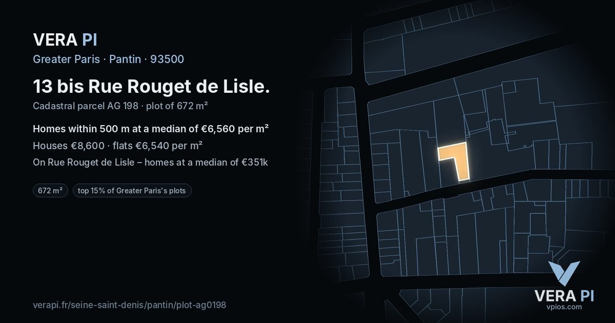 13 bis Rue Rouget de Lisle, Pantin at night – the plot lit, the parcels around coloured by the prices near them