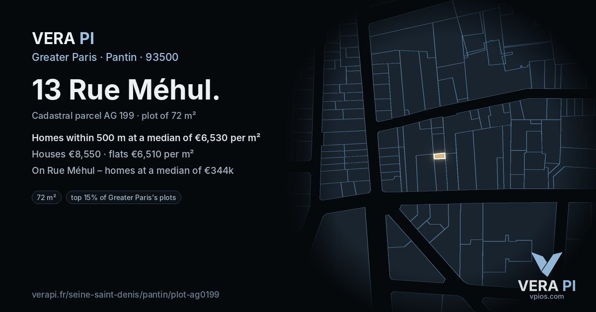 13 Rue Méhul, Pantin at night – the plot lit, the parcels around coloured by the prices near them