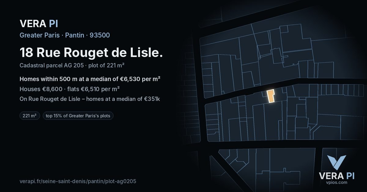 18 Rue Rouget de Lisle, Pantin at night – the plot lit, the parcels around coloured by the prices near them