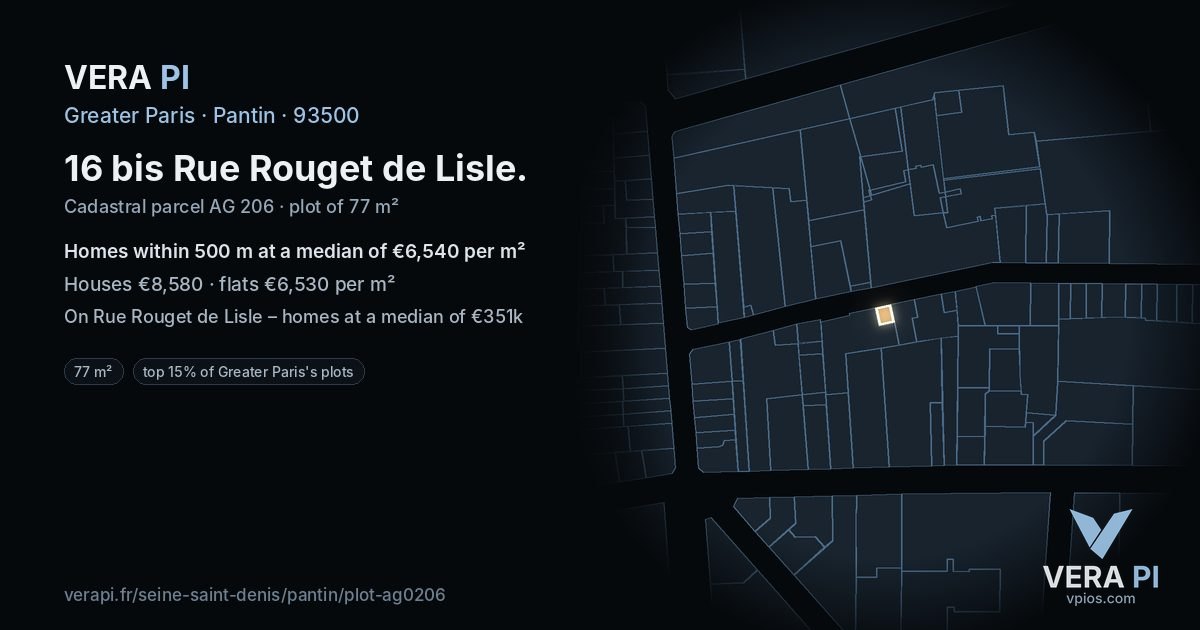 16 bis Rue Rouget de Lisle, Pantin at night – the plot lit, the parcels around coloured by the prices near them